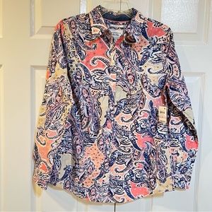 NWT~Charter Club~Relaxed Fit Button Shirt~Peach Blush~Paisley~Tab Sleeves~Sz 6